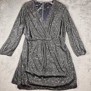 Black Sequin Wrap Style Cocktail Dress Women's 22W Long Sleeve V Neck Alex Marie